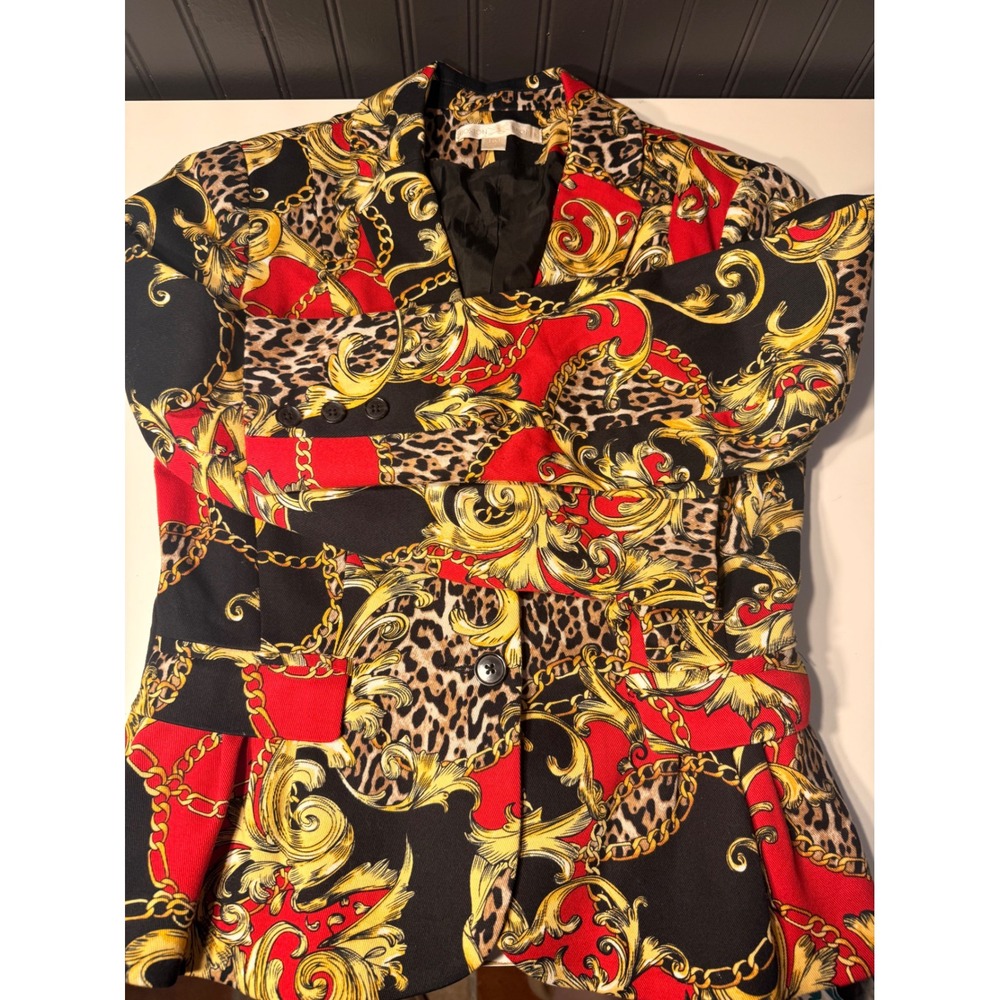 Boston proper women Baroque Leopard Chain Print Blazer Red Gold Black Size 6